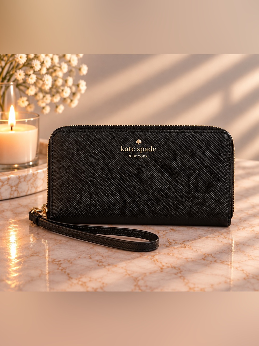 Kate Spade Black Saffiano Zip Wristlet with Gold Logo
